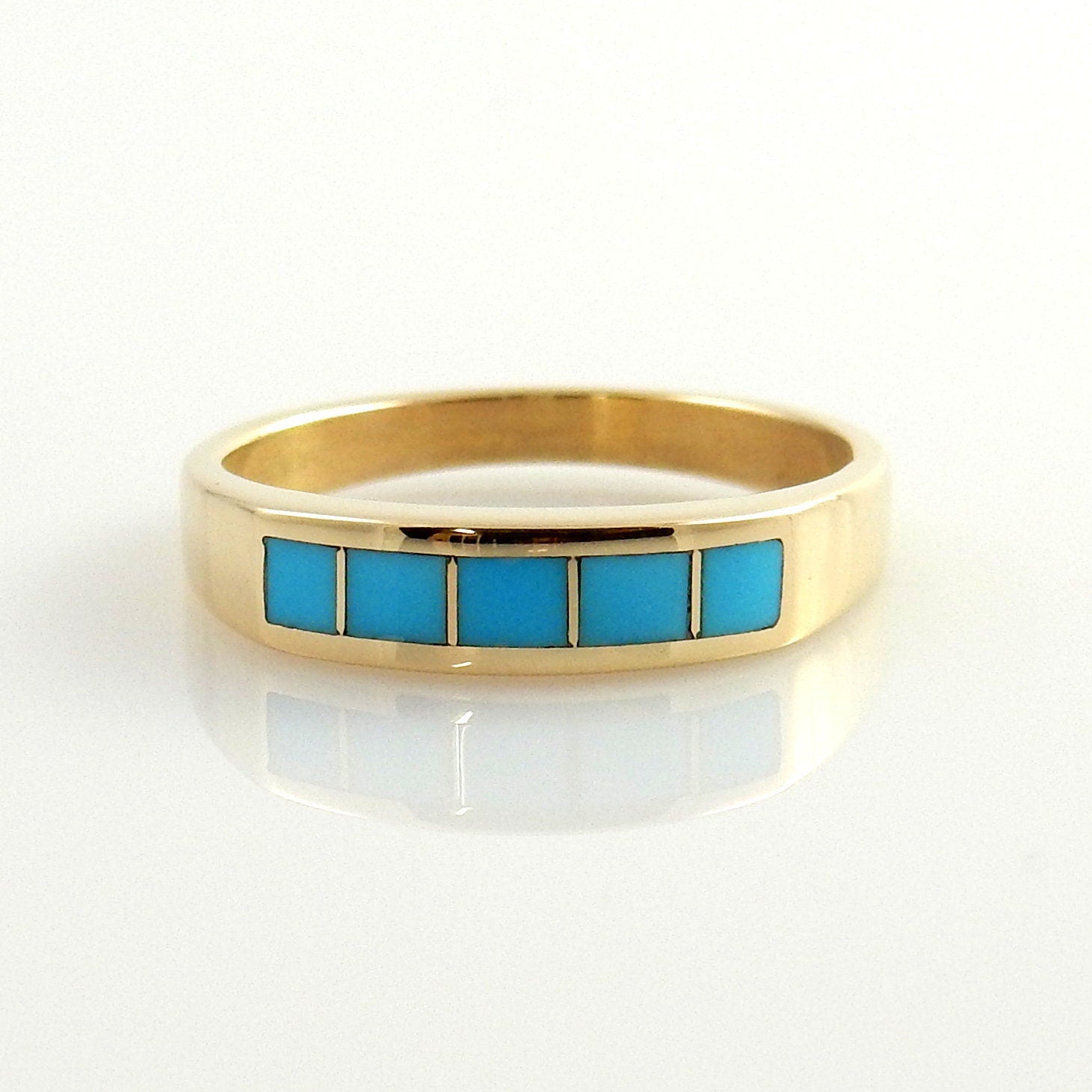 One of a Kind 14kt yellow gold blue turquoise inlay ring size 7.5, sleeping beauty turquoise inlay gold ring - DeSantis