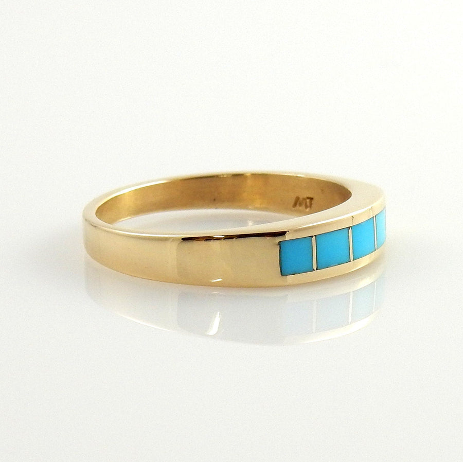 One of a Kind 14kt yellow gold blue turquoise inlay ring size 7.5, sleeping beauty turquoise inlay gold ring - DeSantis