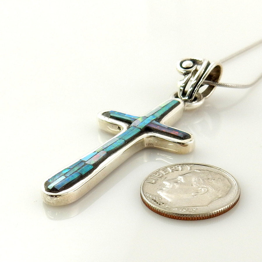 One of a Kind Sterling Natural Opal Mosaic Cross Pendant - DeSantis