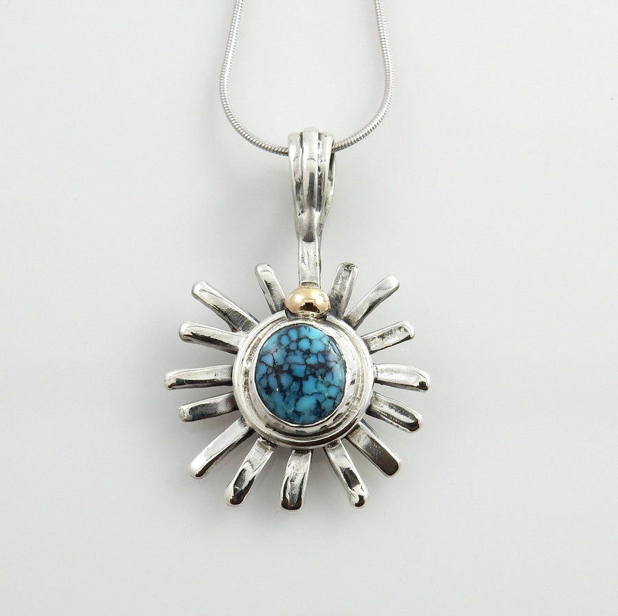 One - of - a - kind Sterling Silver Blue Turquoise Pendant, Unique Spiderweb Sterling Turquoise Drop Pendant, Silver Turquoise Pendant w/ Gold - DeSantis