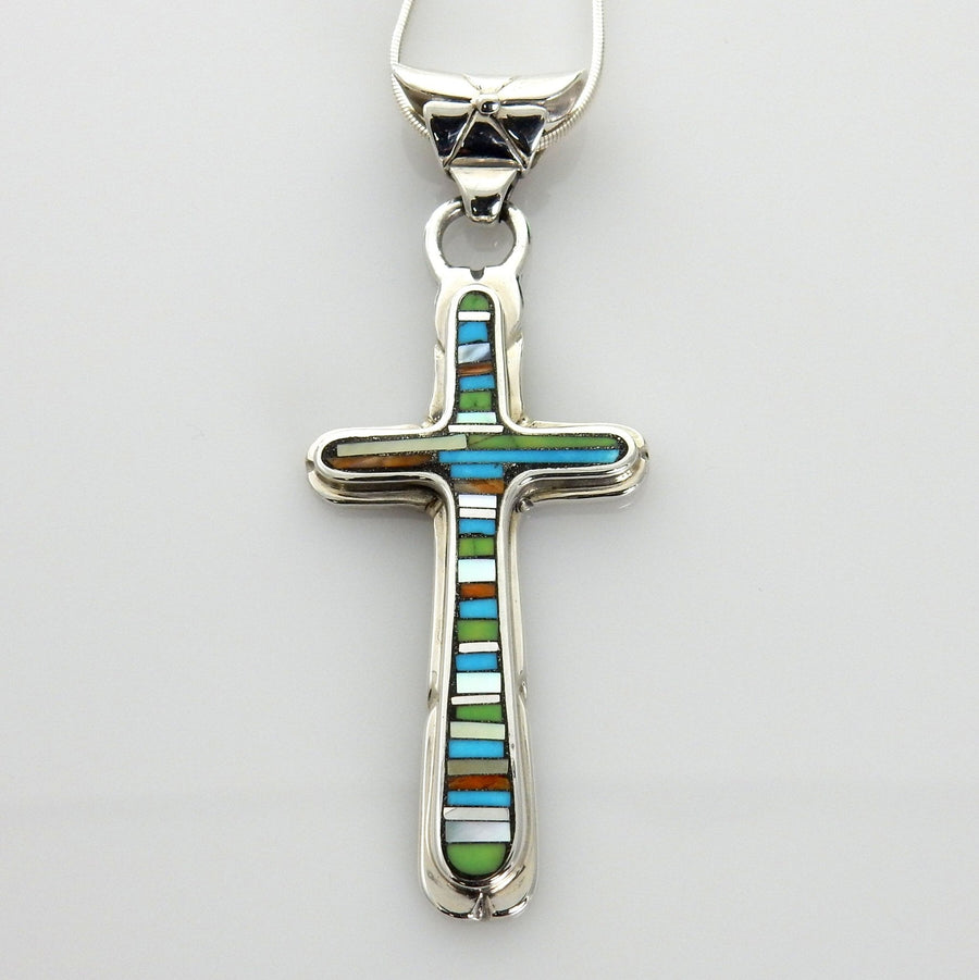 One of a Kind Sterling Silver Multi - stone Mosaic Inlay Cross Pendant - DeSantis