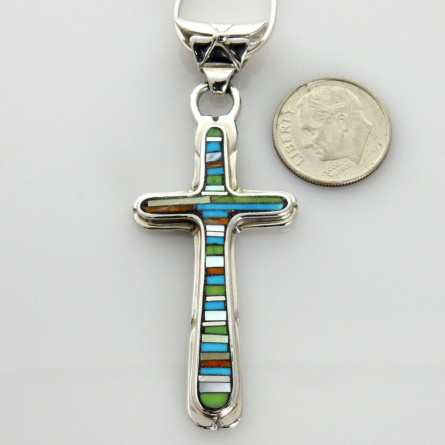 One of a Kind Sterling Silver Multi - stone Mosaic Inlay Cross Pendant - DeSantis