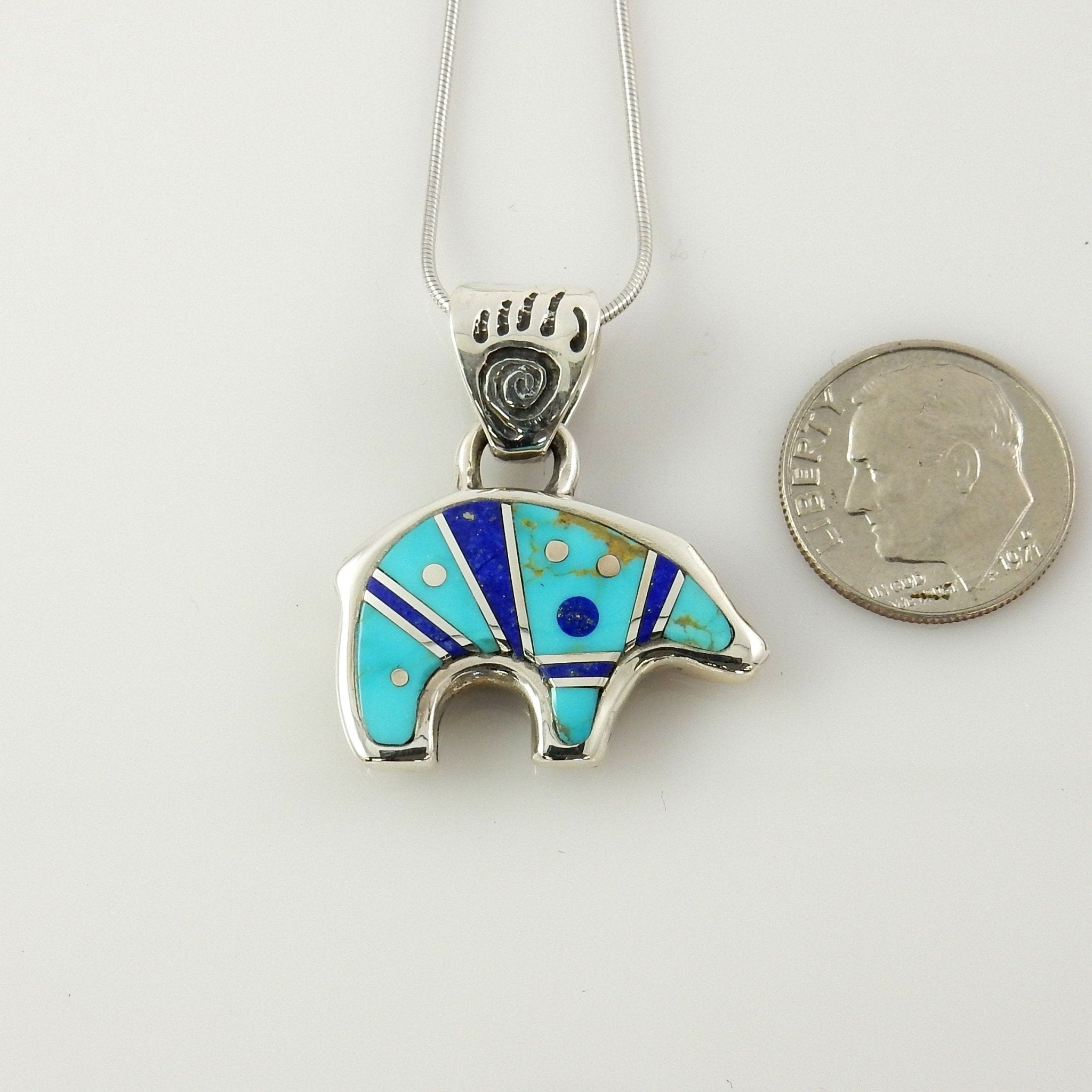 One of a Kind Sterling Silver Turquoise Lapis Bear Pendant - DeSantis