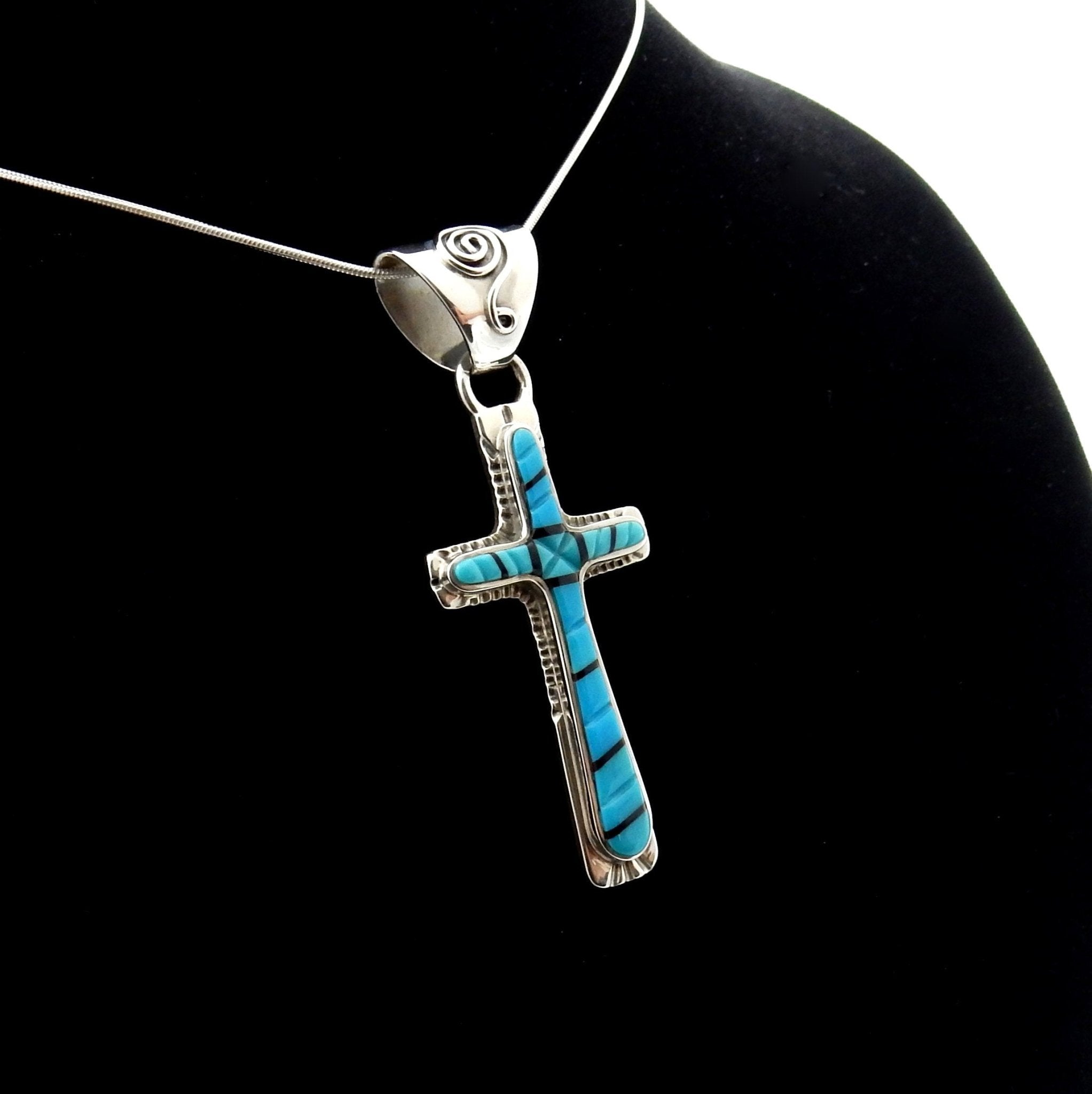 One of a Kind Sterling Silver Turquoise Onyx Inlay Cross Pendant - DeSantis