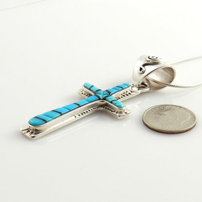 One of a Kind Sterling Silver Turquoise Onyx Inlay Cross Pendant - DeSantis