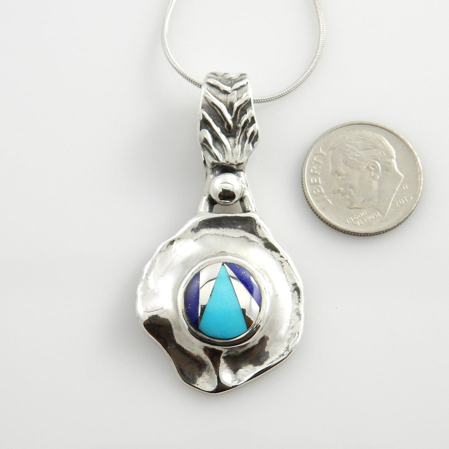 One of a Kind Sterling Turquoise Lapis Silver Inlay Pendant - DeSantis