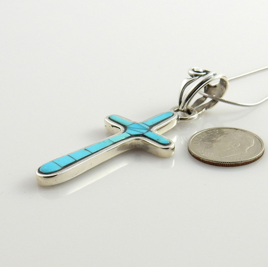 One of Kind Sterling Silver Mosaic Turquoise Inlay Cross Pendant - DeSantis