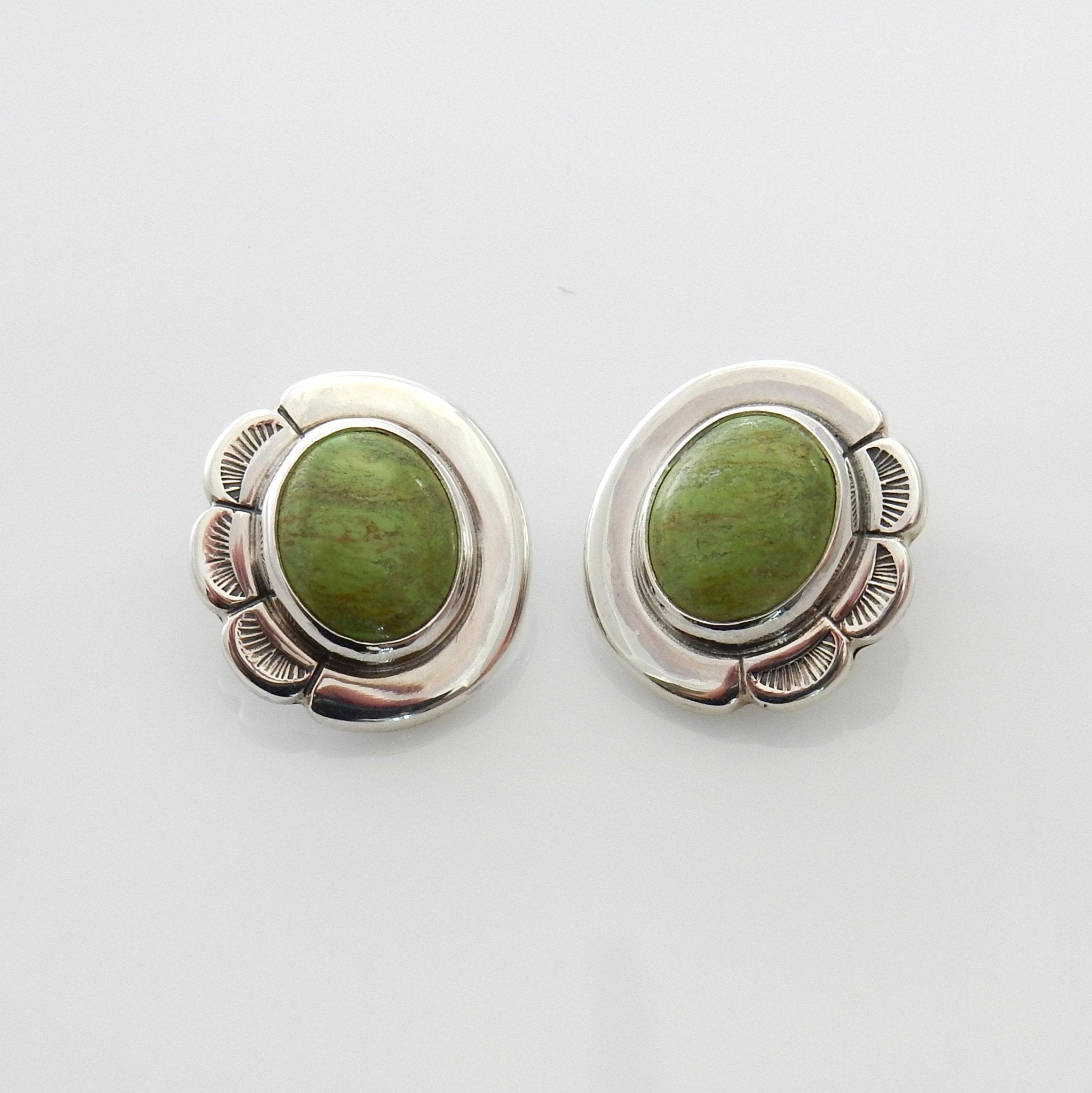 Silver Green Gaspeite Clip Earrings, Sterling Silver Handmade Gaspeite Clip Earrings, Unique Southwestern Silver Gaspeite Earrings - DeSantis