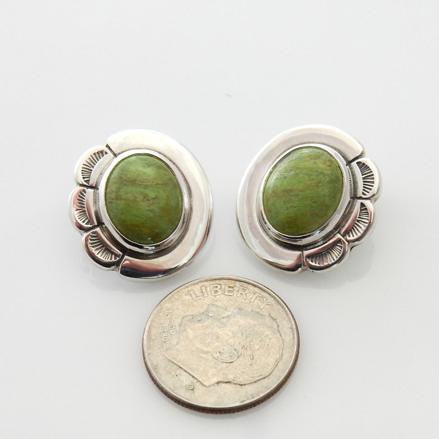 Silver Green Gaspeite Clip Earrings, Sterling Silver Handmade Gaspeite Clip Earrings, Unique Southwestern Silver Gaspeite Earrings - DeSantis