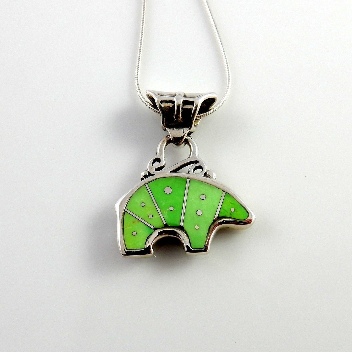 Silver Green Turquoise Inlay Bear Pendant - DeSantis