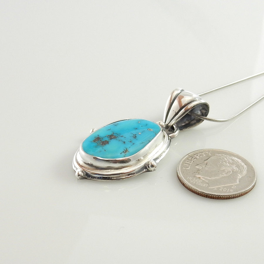 Silver turquoise handmade pendant, morenci turquoise pendant, morenci turquoise custom drop pendant with chain - DeSantis