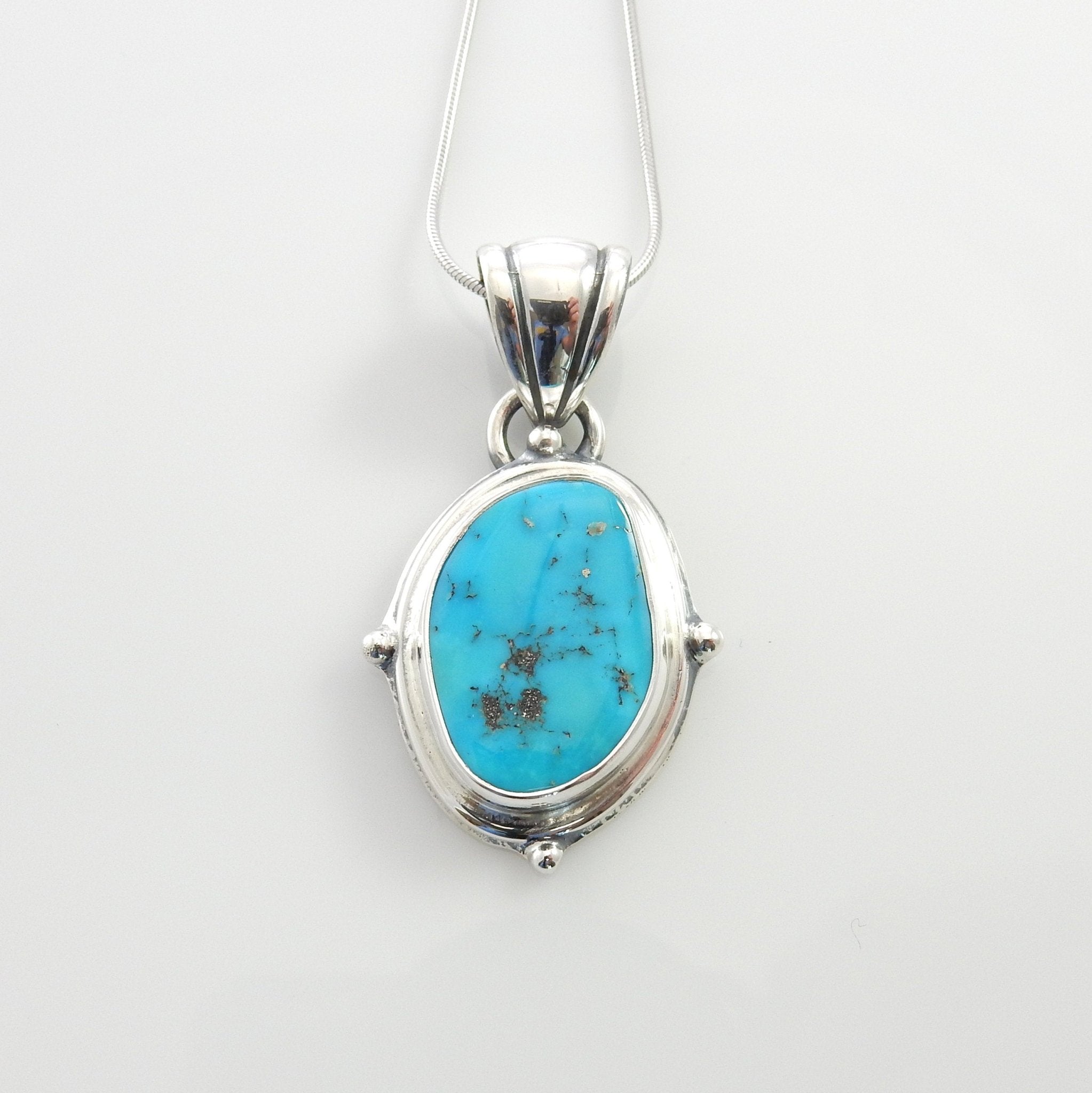 Silver turquoise handmade pendant, morenci turquoise pendant, morenci turquoise custom drop pendant with chain - DeSantis