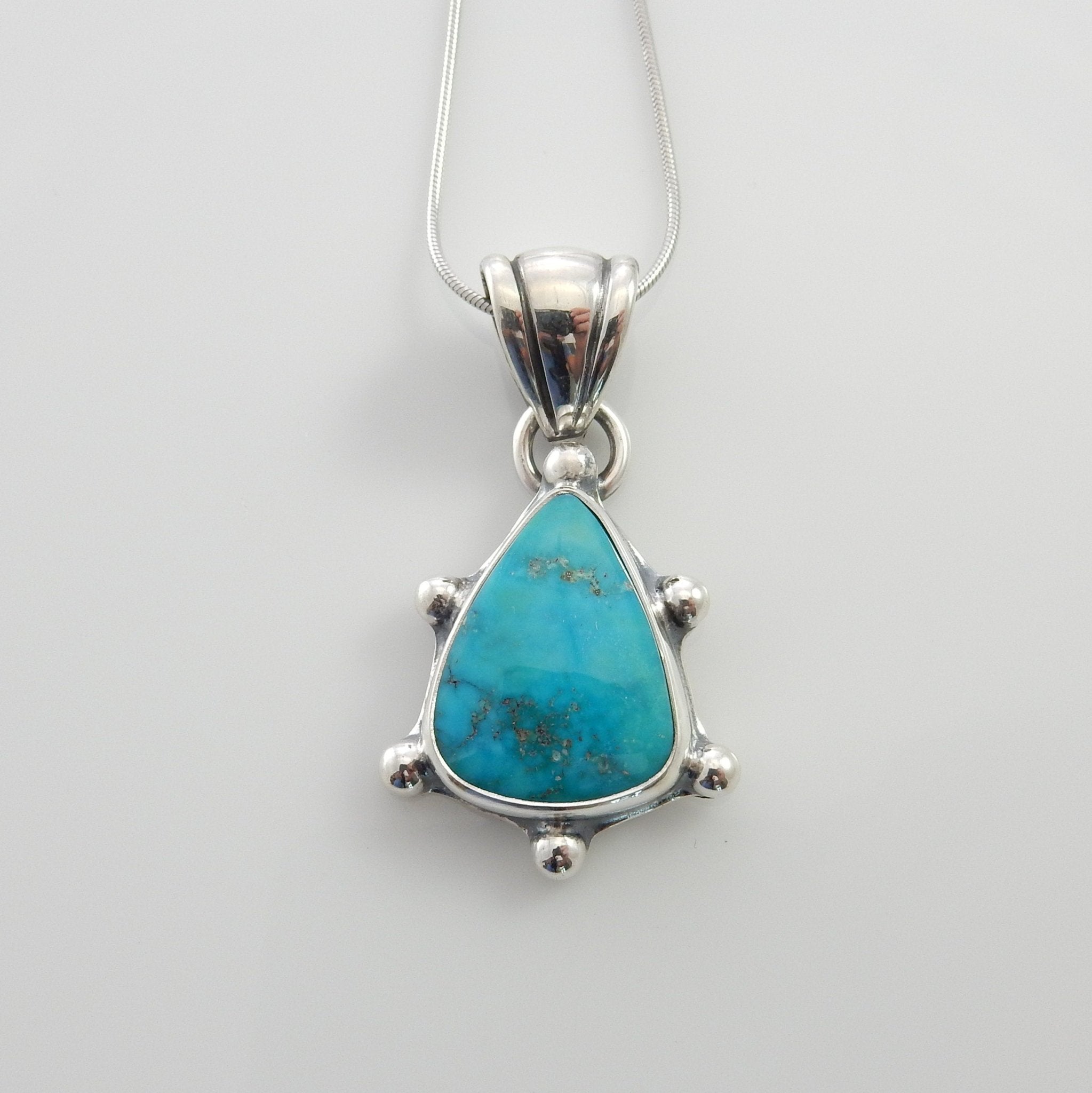 Silver turquoise handmade pendant, sterling morenci turquoise pendant, morenci turquoise custom drop pendant with chain - DeSantis