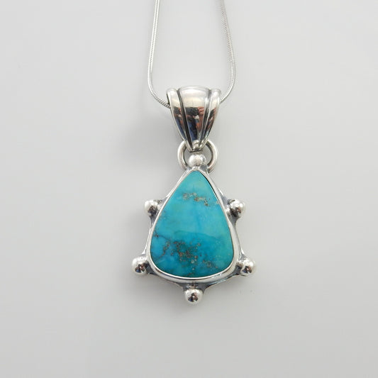 Silver turquoise handmade pendant, sterling morenci turquoise pendant, morenci turquoise custom drop pendant with chain - DeSantis