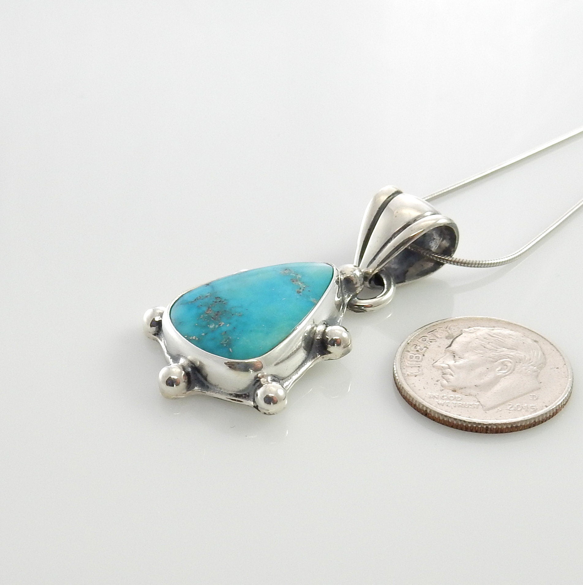 Silver turquoise handmade pendant, sterling morenci turquoise pendant, morenci turquoise custom drop pendant with chain - DeSantis