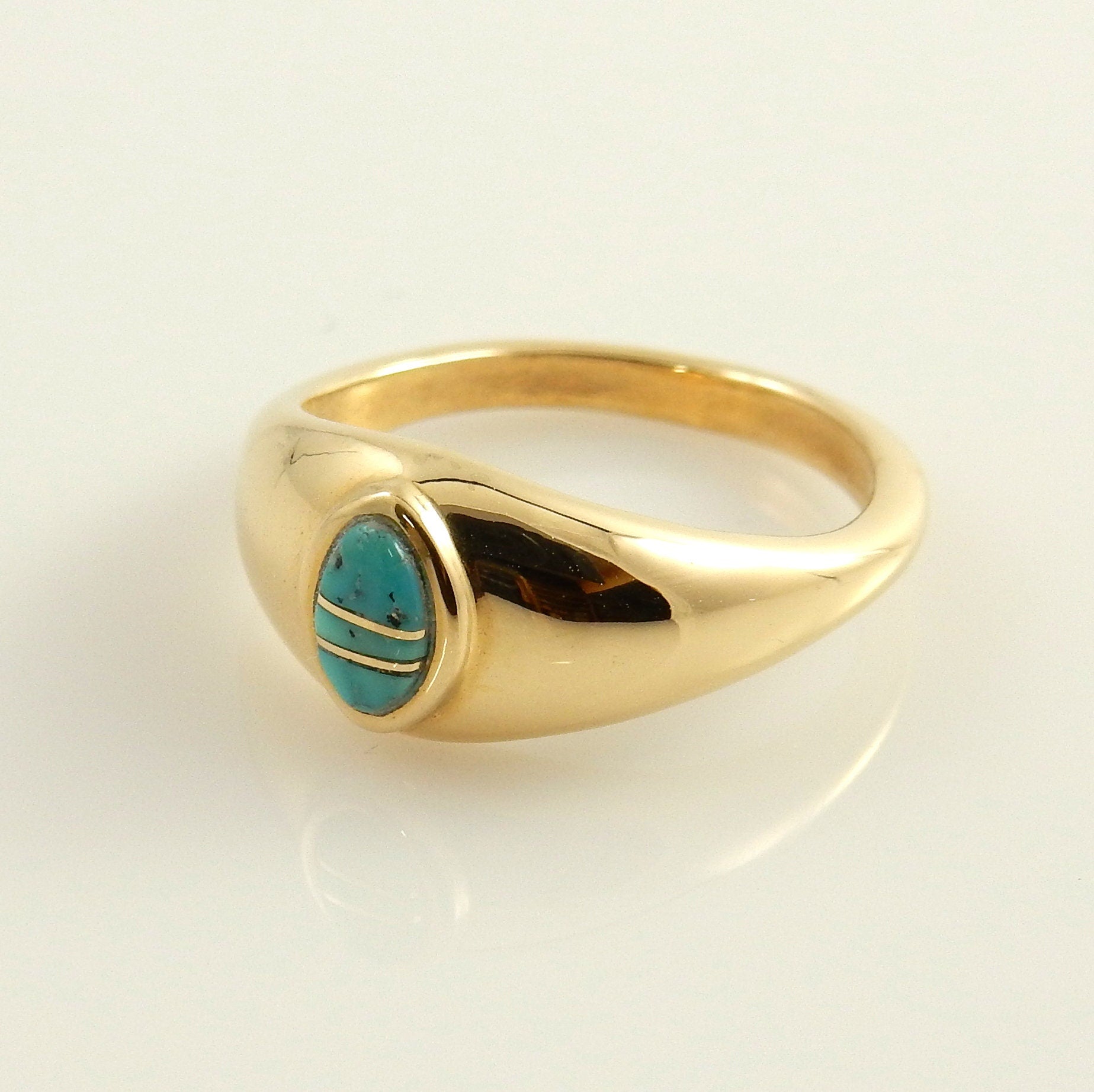 Simple 14kt yellow gold blue turquoise inlay ring size 6.5, desantis jewelry designer yellow gold turquoise inlay ring - DeSantis