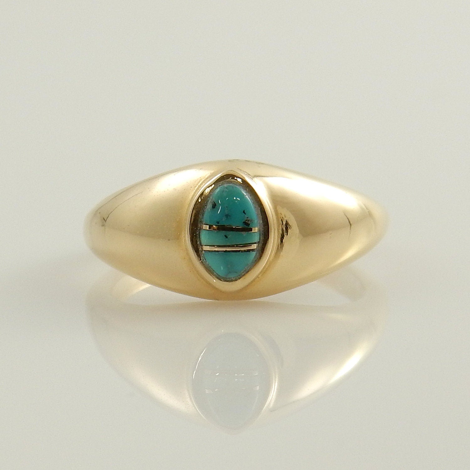 Simple 14kt yellow gold blue turquoise inlay ring size 6.5, desantis jewelry designer yellow gold turquoise inlay ring - DeSantis