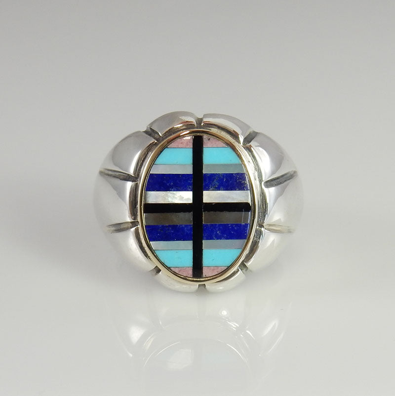 Sterling Silver and Gold Multi-Stone Inlay Ring Size 11 - DeSantis