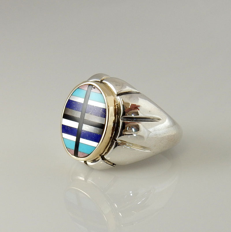 Sterling Silver and Gold Multi-Stone Inlay Ring Size 11 - DeSantis