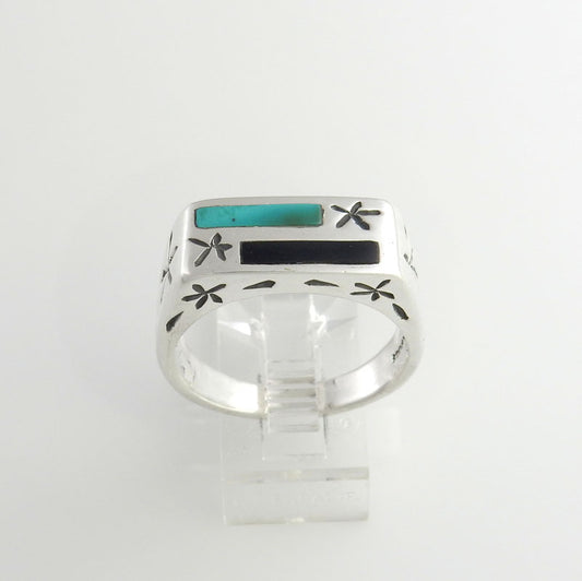 Sterling Silver Black Onyx Turquoise Inlay Men's Ring Size 10.75 - DeSantis