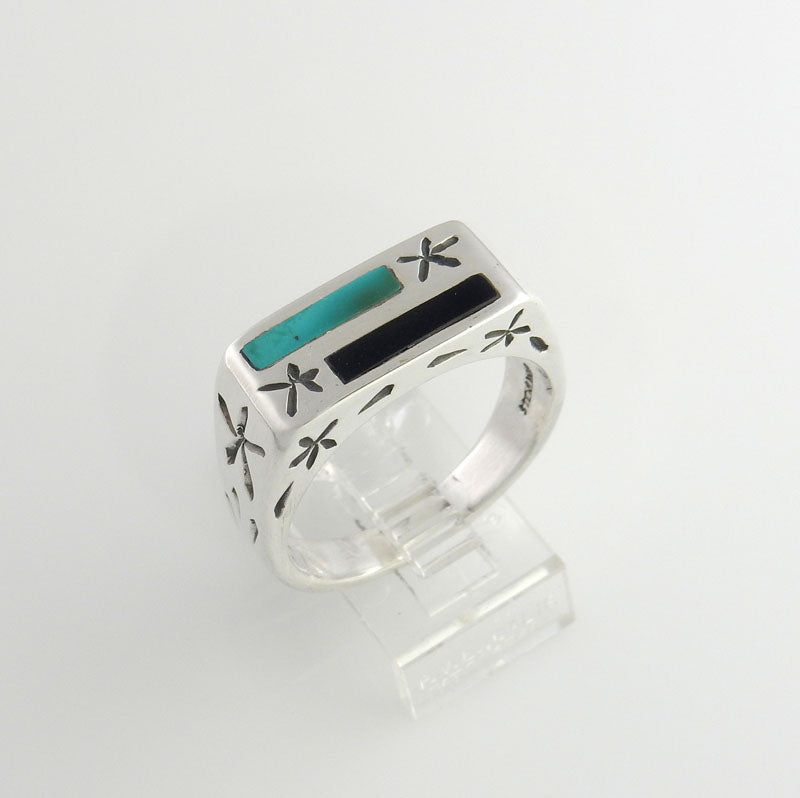 Sterling Silver Black Onyx Turquoise Inlay Men's Ring Size 10.75 - DeSantis
