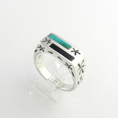Sterling Silver Black Onyx Turquoise Inlay Men's Ring Size 10.75 - DeSantis