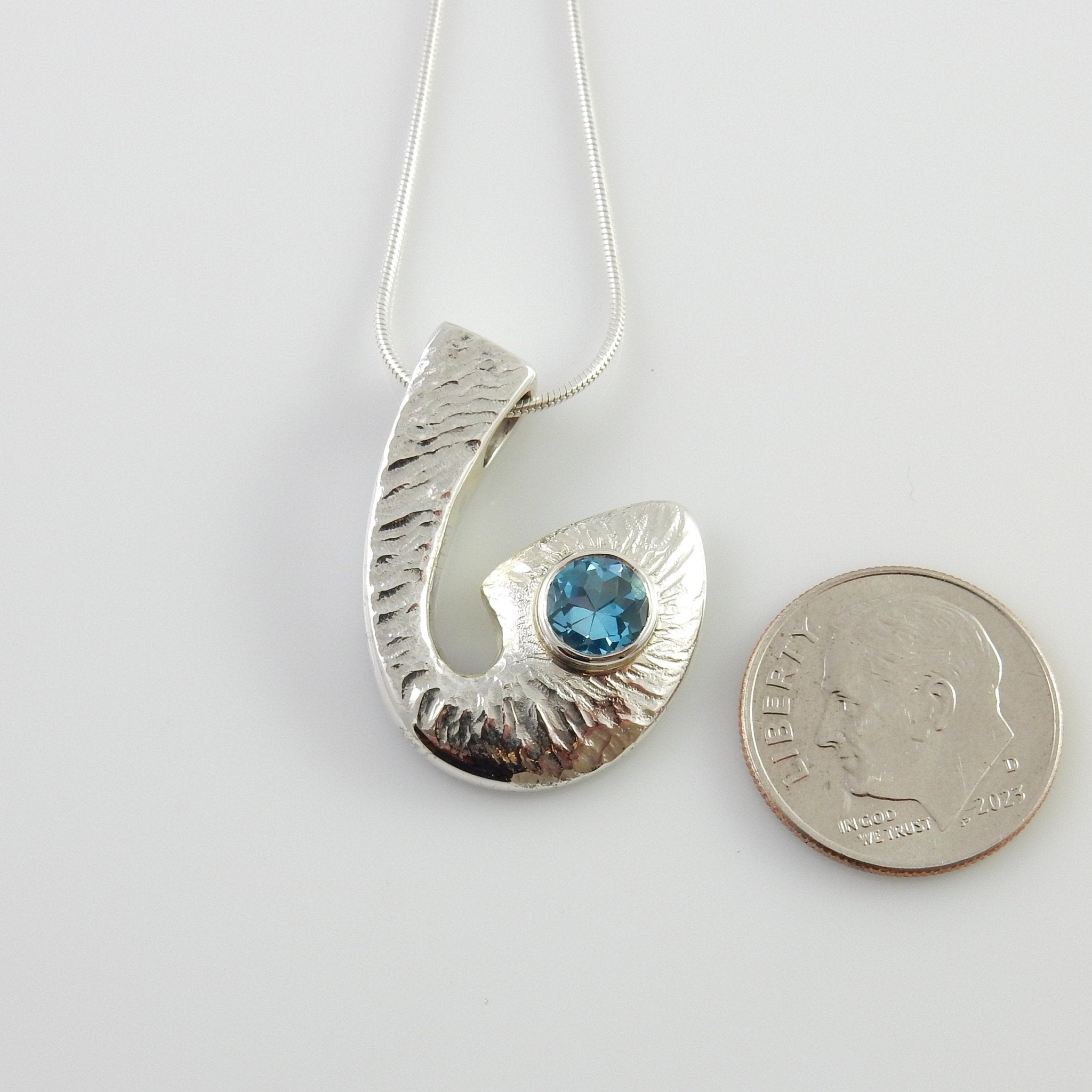 Sterling Silver Blue Topaz Textured Pendant, Beautiful silver topaz drop pendant, topaz designer silver .925 drop pendant with chain - DeSantis