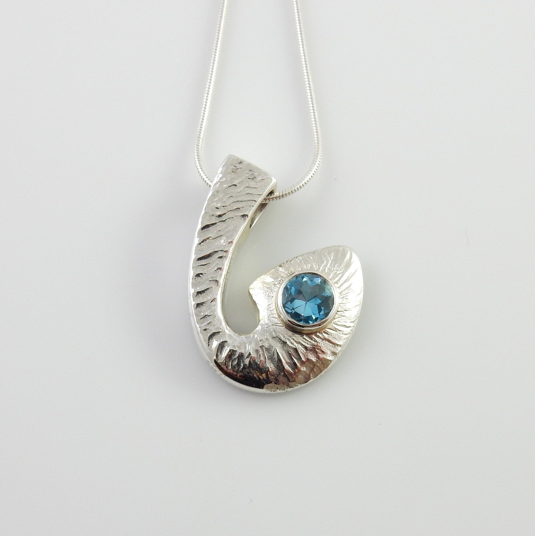 Sterling Silver Blue Topaz Textured Pendant, Beautiful silver topaz drop pendant, topaz designer silver .925 drop pendant with chain - DeSantis