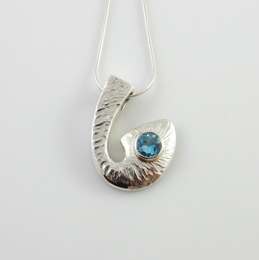 Sterling Silver Blue Topaz Textured Pendant, Beautiful silver topaz drop pendant, topaz designer silver .925 drop pendant with chain - DeSantis