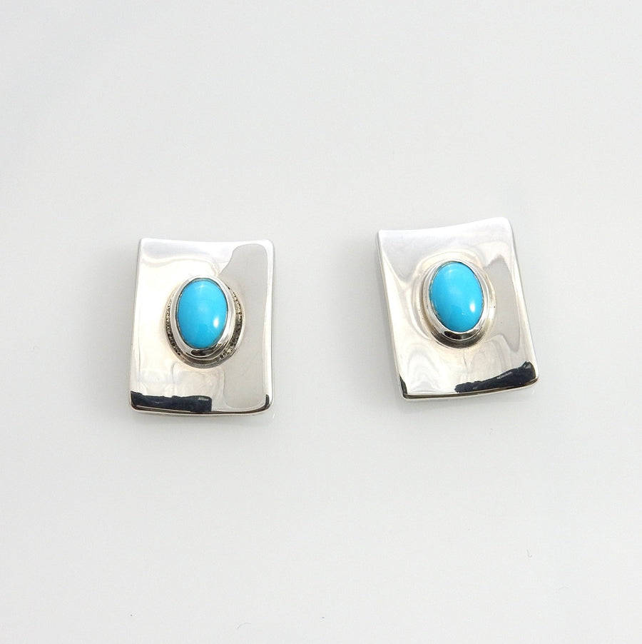 Sterling Silver Blue Turquoise Concave Post Earrings - DeSantis