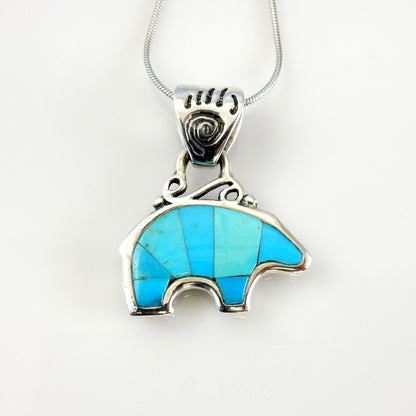 Sterling Silver Blue Turquoise Inlay Bear Pendant - DeSantis