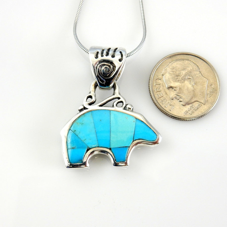 Sterling Silver Blue Turquoise Inlay Bear Pendant - DeSantis