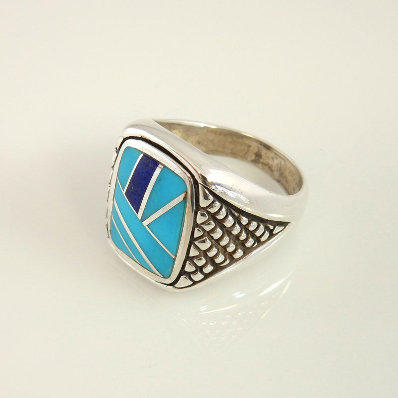 Sterling Silver Blue Turquoise Lapis Inlay Men's Ring Size 11 - DeSantis