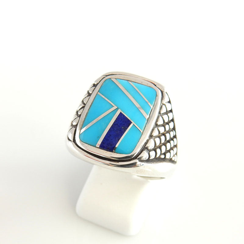 Sterling Silver Blue Turquoise Lapis Inlay Men's Ring Size 11 - DeSantis