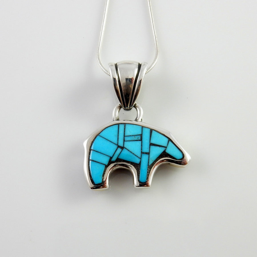 Sterling Silver Blue Turquoise Mosaic Inlay Bear Pendant - DeSantis