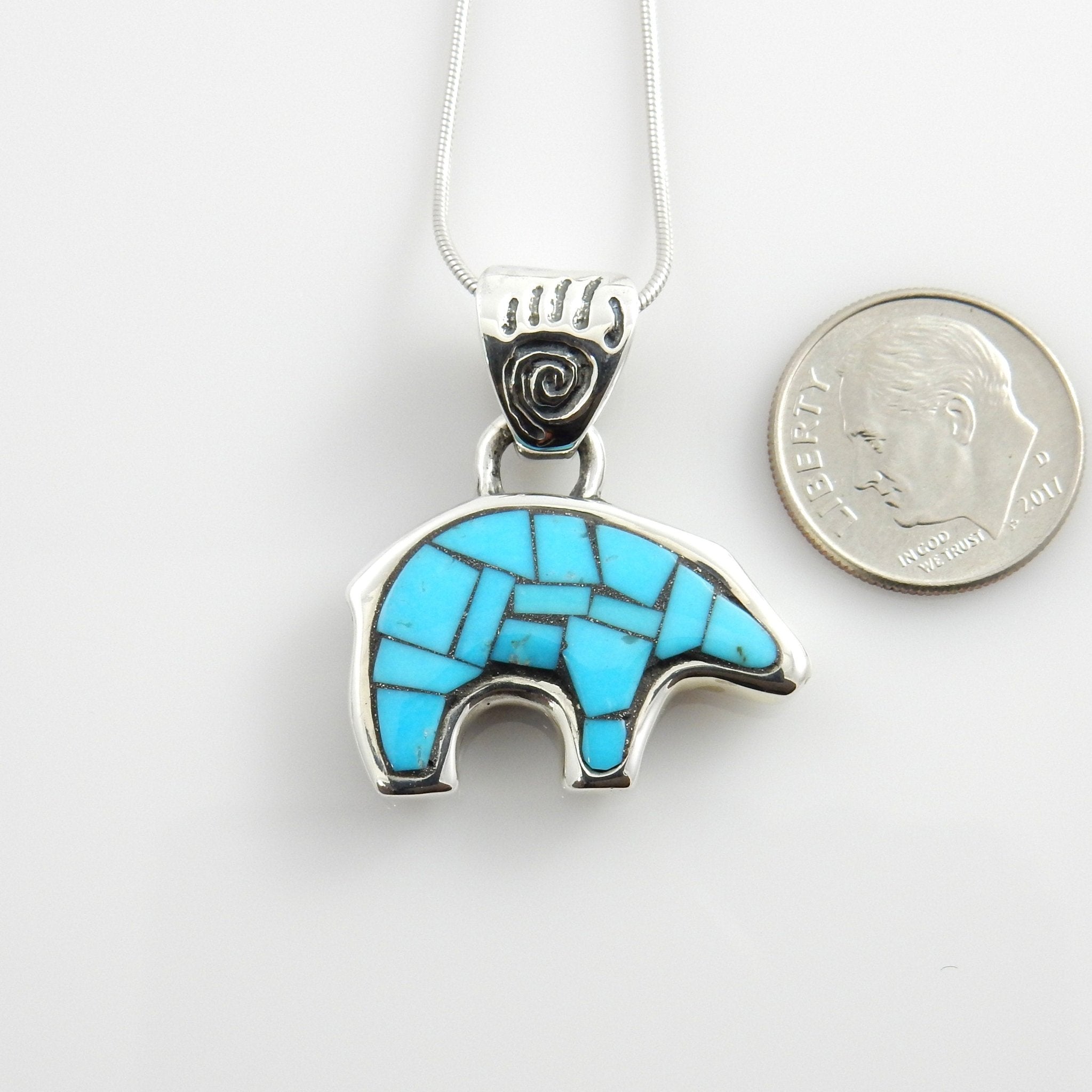 Sterling Silver Blue Turquoise Mosaic Inlay Bear Pendant - DeSantis