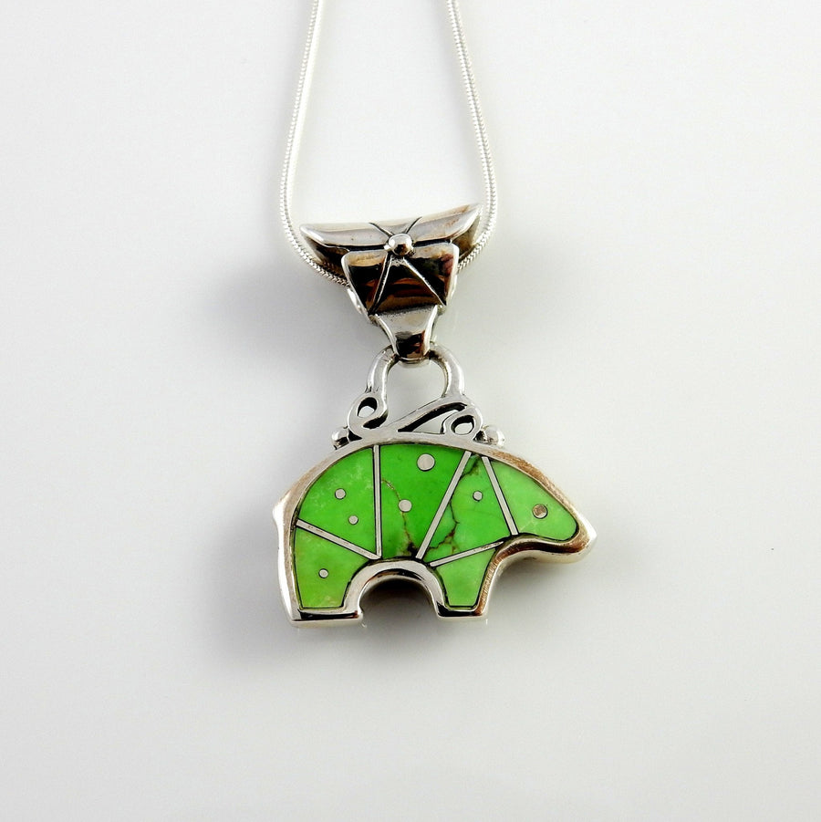 Sterling Silver Green Turquoise Inlay Bear Pendant - DeSantis