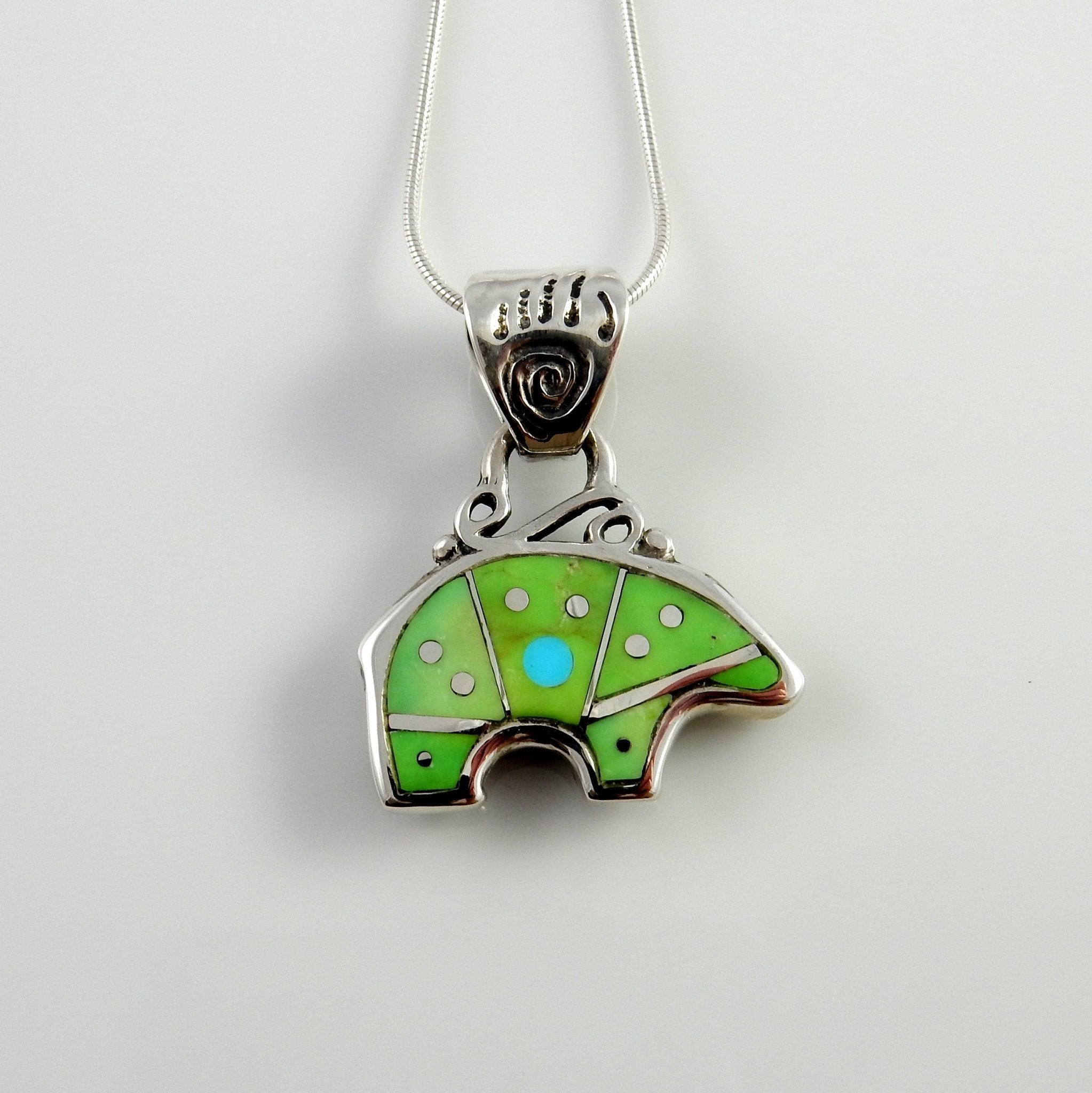 Sterling Silver Green Turquoise Inlay Bear Pendant - DeSantis