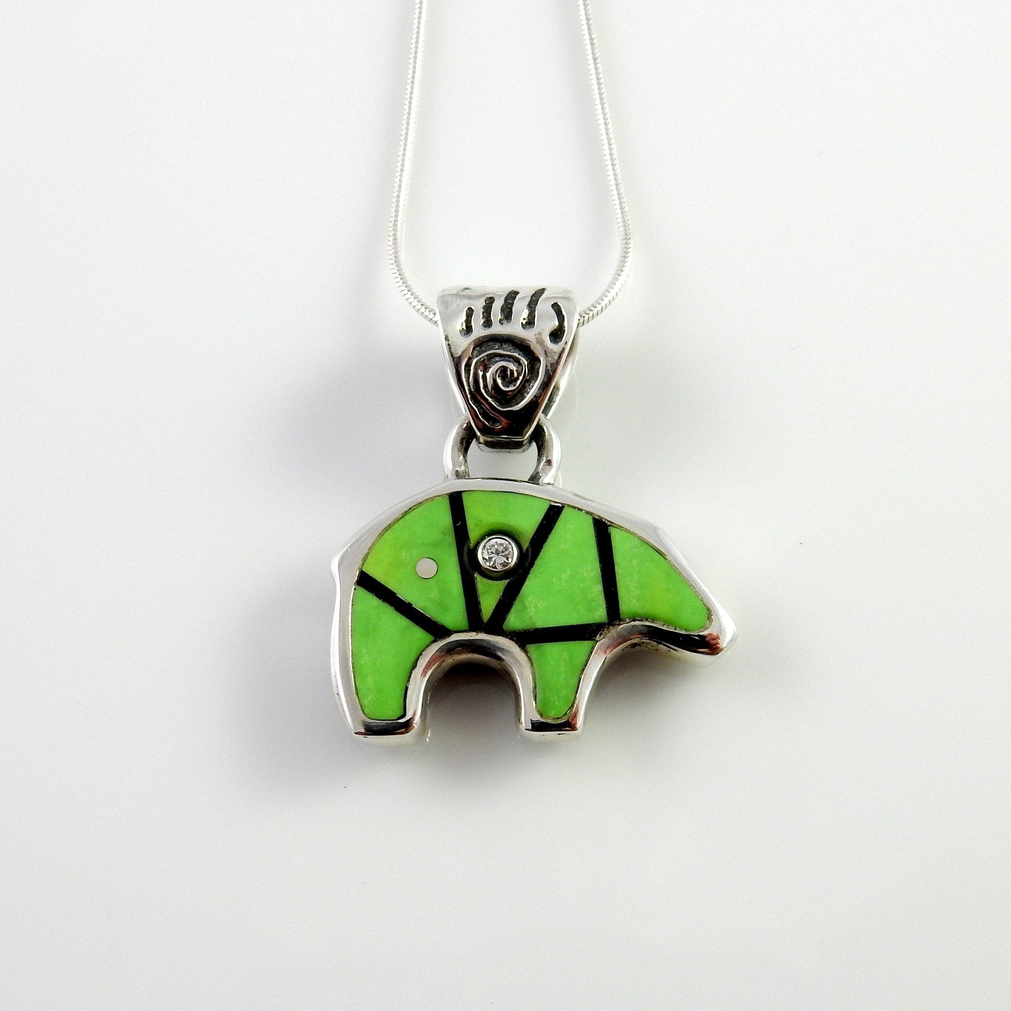 Sterling Silver Green Turquoise Onyx Diamond Bear Pendant - DeSantis