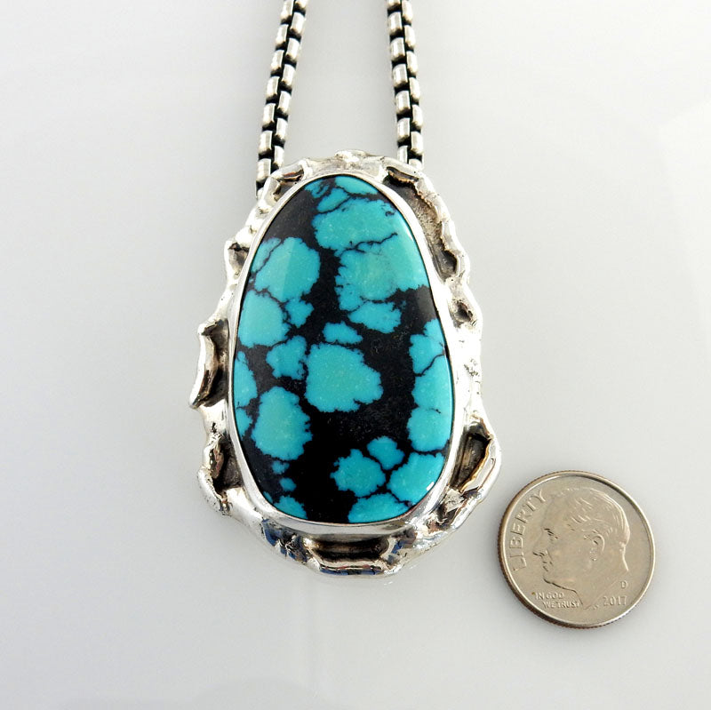 Sterling Silver Handmade Spiderweb Turquoise Pendant - DeSantis