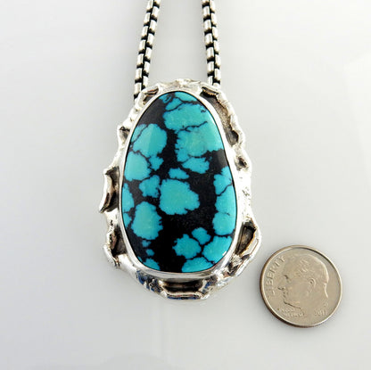 Sterling Silver Handmade Spiderweb Turquoise Pendant - DeSantis