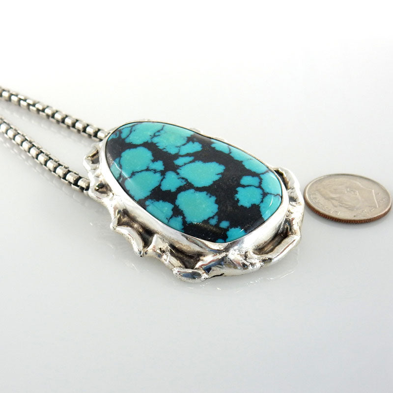 Sterling Silver Handmade Spiderweb Turquoise Pendant - DeSantis