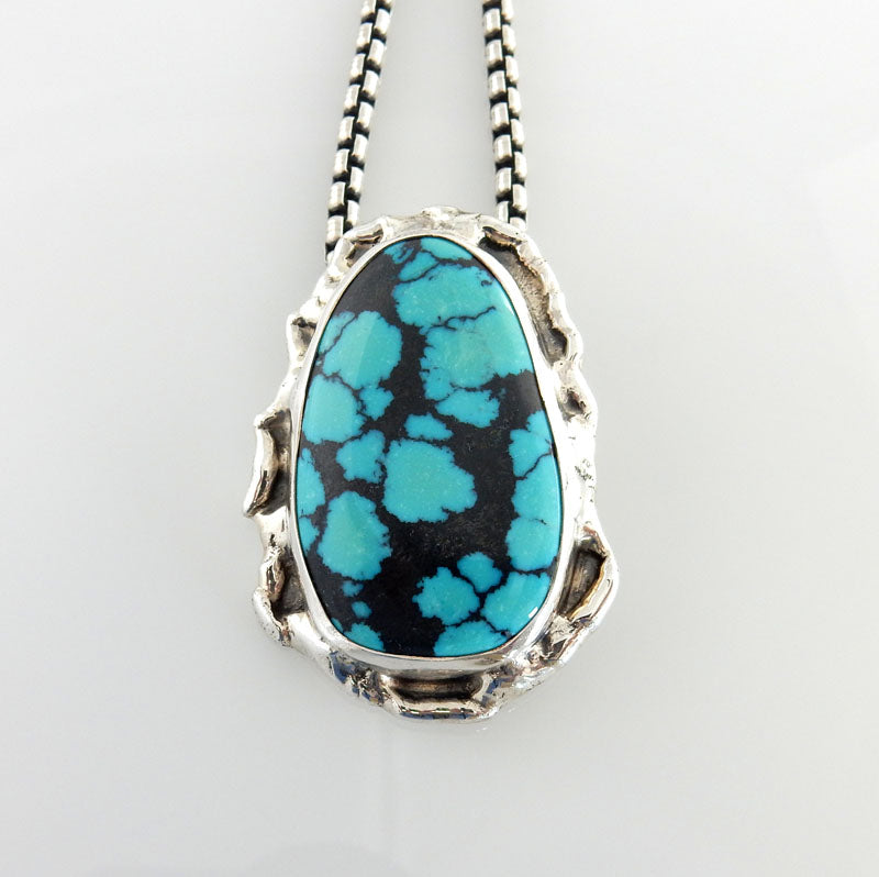 Sterling Silver Handmade Spiderweb Turquoise Pendant - DeSantis