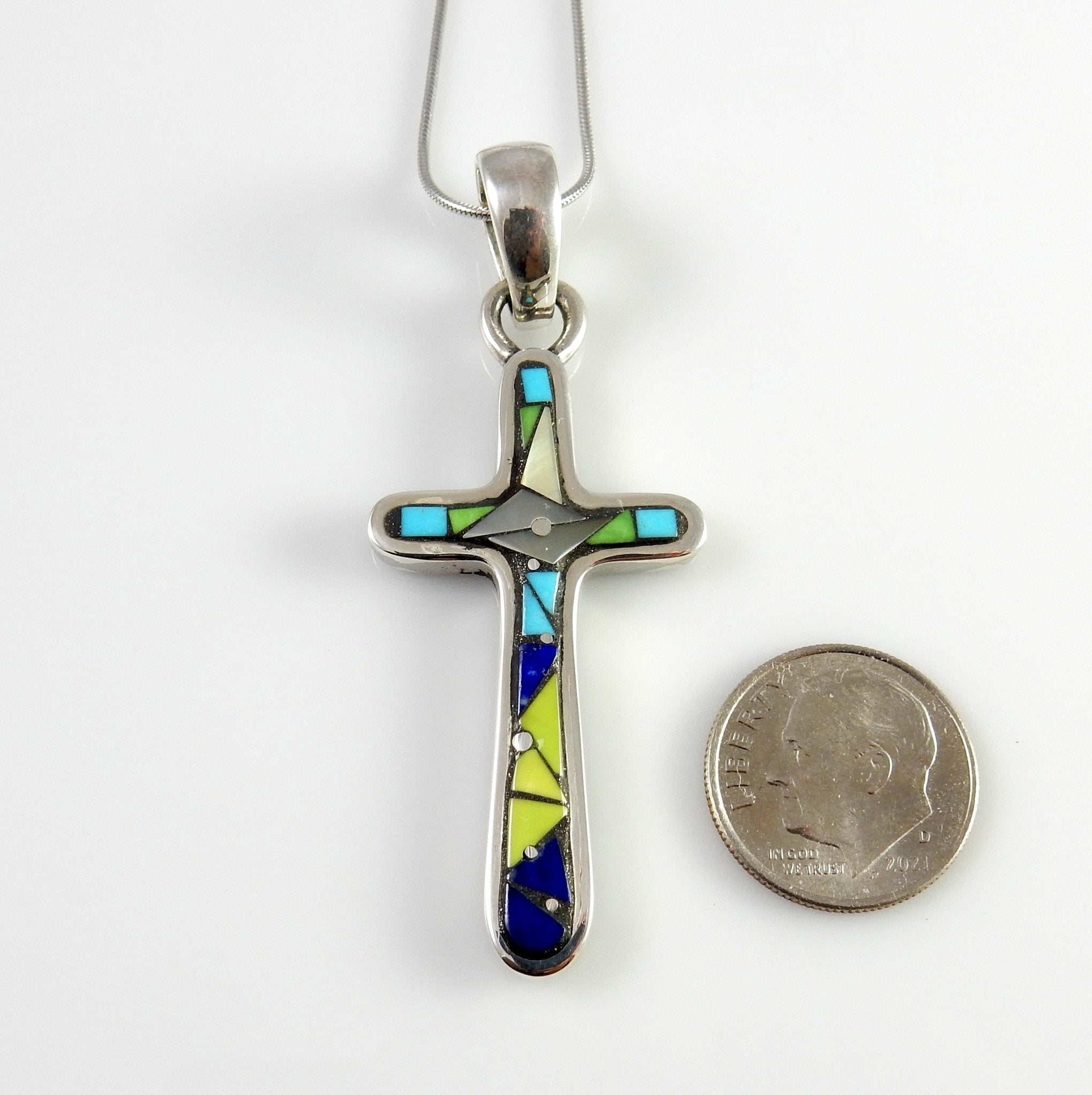 Sterling Silver Mosaic Turquoise Lapis Inlay Cross Pendant - DeSantis