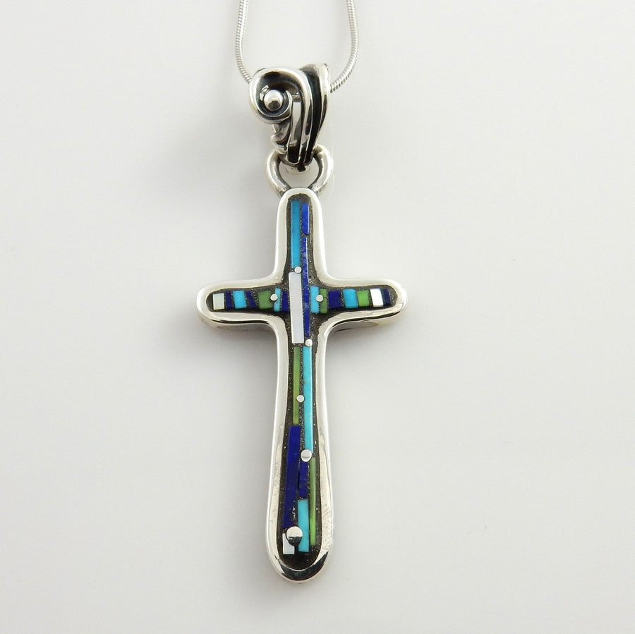 Sterling Silver Mosaic Turquoise Lapis Inlay Cross Pendant - DeSantis