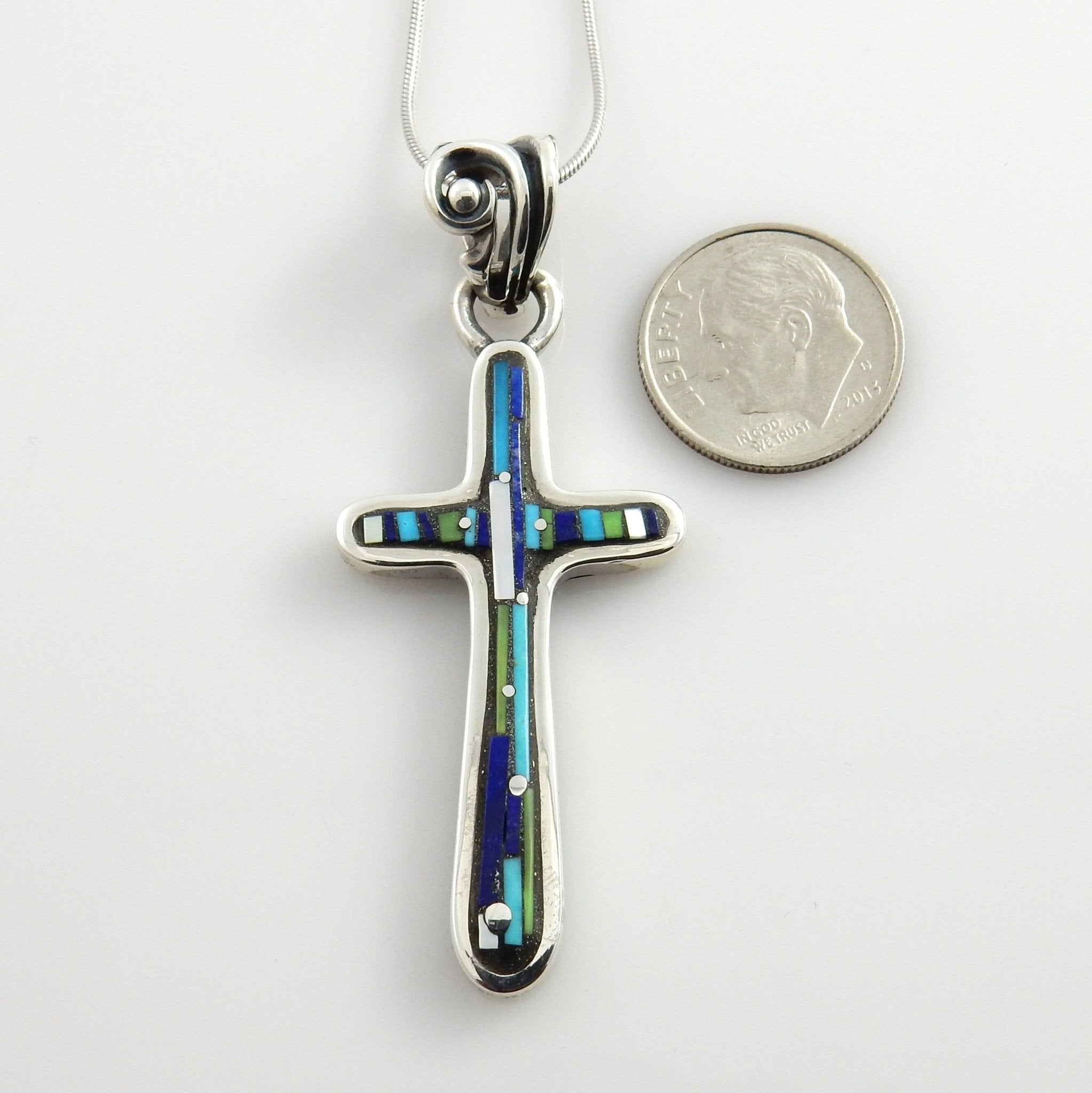 Sterling Silver Mosaic Turquoise Lapis Inlay Cross Pendant - DeSantis