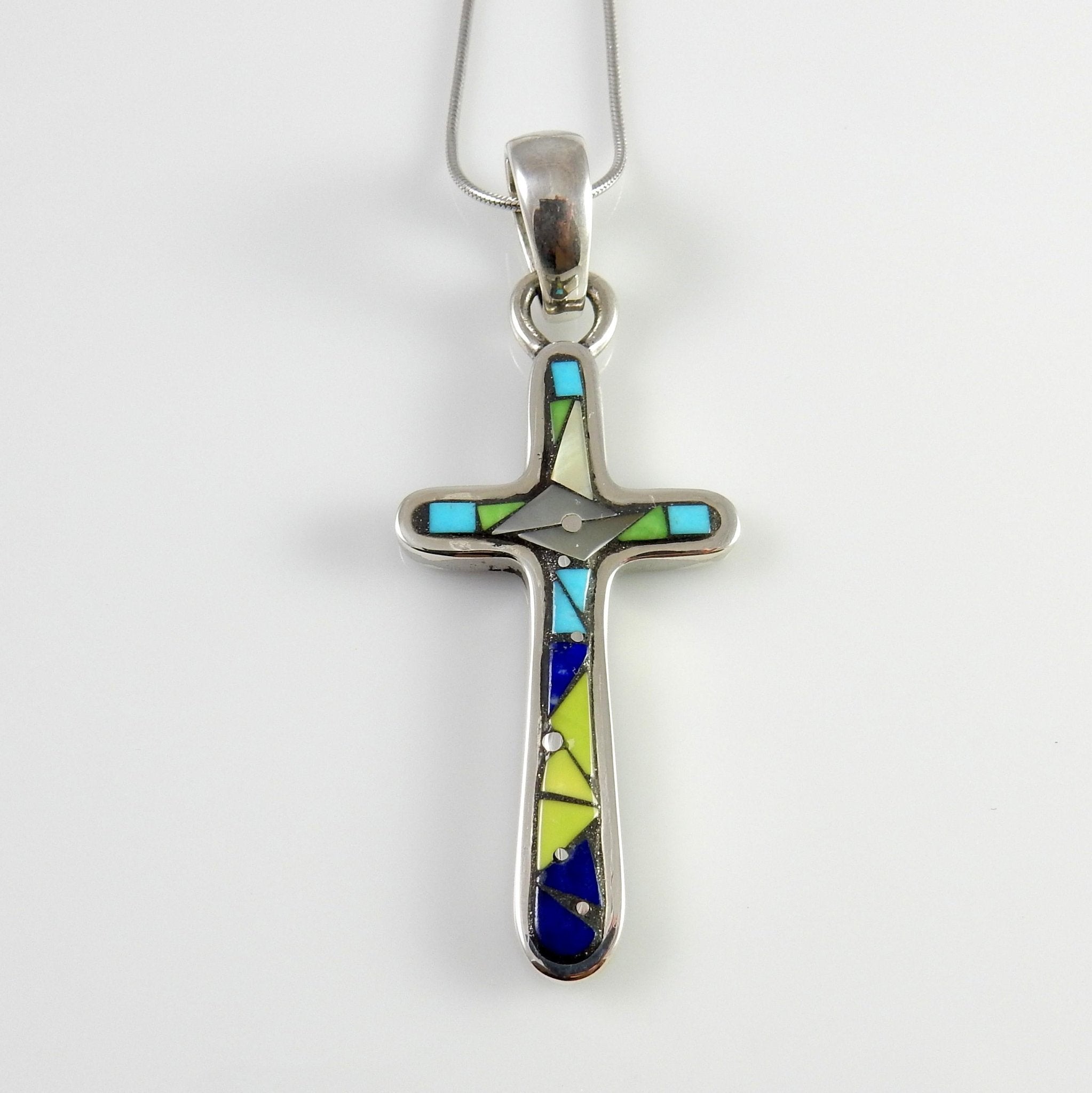 Sterling Silver Mosaic Turquoise Lapis Inlay Cross Pendant - DeSantis