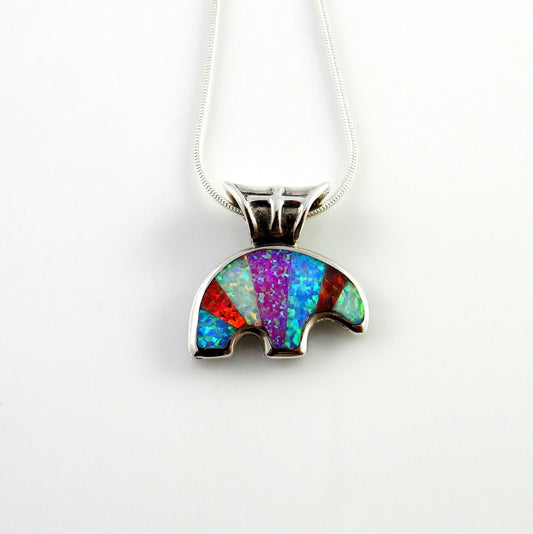 Sterling Silver Multi - colored Opal Inlay Bear Pendant - DeSantis