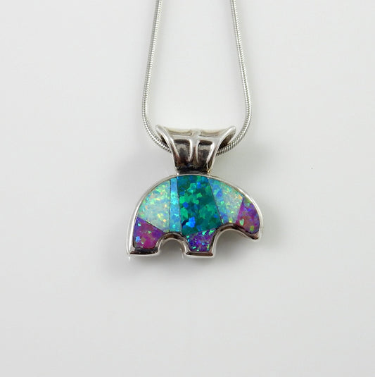 Sterling Silver Multi - colored Opal Inlay Bear Pendant - DeSantis