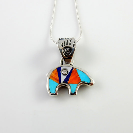 Sterling Silver Multi - stone Diamond Inlay Bear Pendant - DeSantis